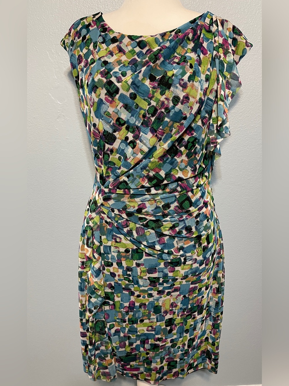 Kay Unger Abstract Painterly Dress Ruched Draped Sheath Cocktail Artsy Large